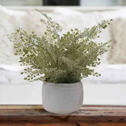 Artificial Fern in White Cement Pot