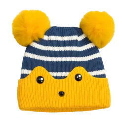 Baby Striped Knit Beanie with Ears and Pom-Poms