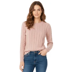 Blush Pink Cable-Knit Crewneck Sweater