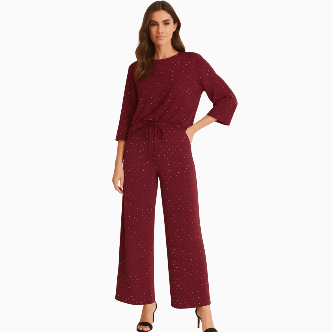 Soft Dotted Wide-Leg Lounge Set with Drawstring Top
